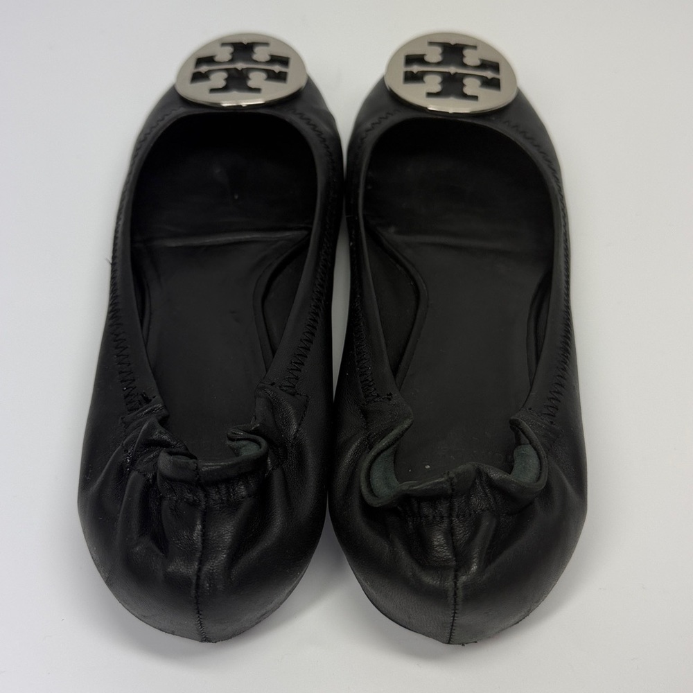 Tory Burch Reva Leather Travel Ballet Flat Black Silver Size 8 1/2 - Picture 4 of 8